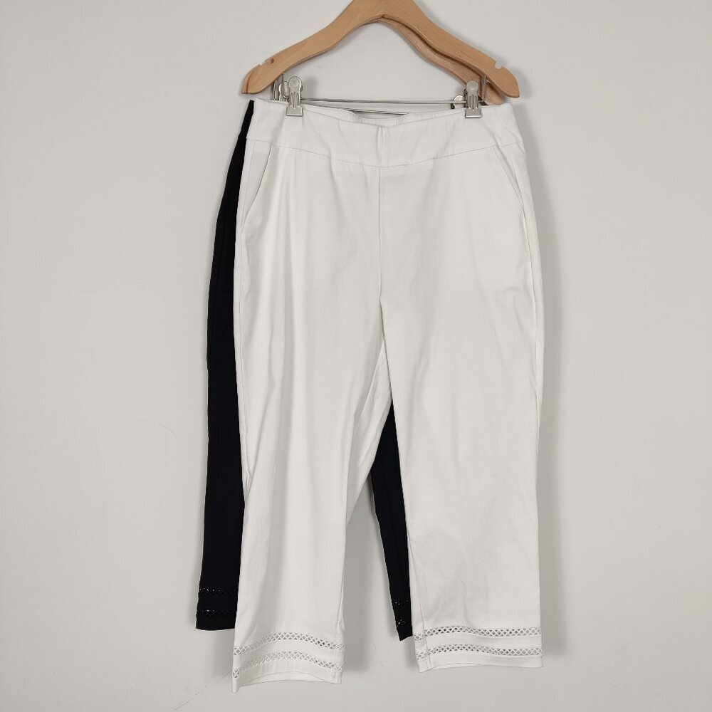 Classic Editions Women's 2 Pcs Cropped Pants Size S Black White Rayon Cutwork